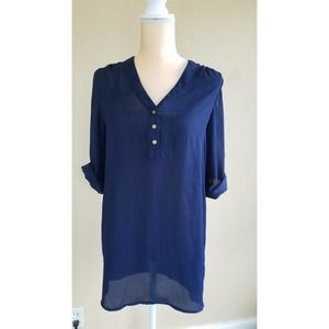 Rue 21 Navy Semi Sheer Henley Roll Tab Blouse